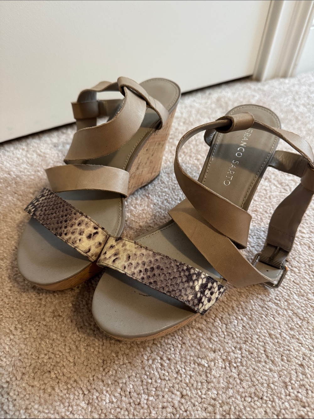 Franco Sarto Grey Wedge Sandals with Snakeskin Accent